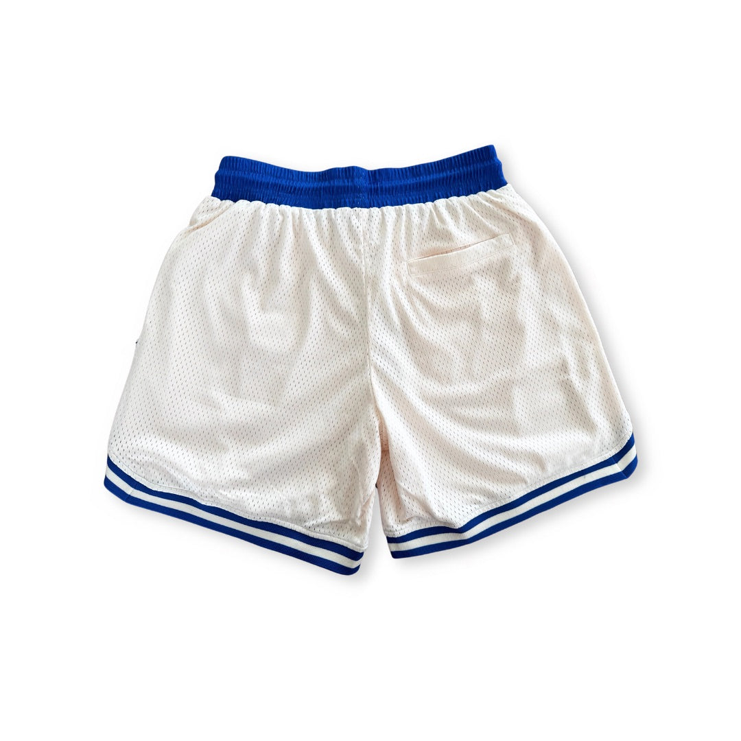 DPOY cream with royal blue detail basketball shorts shown flat lay back details