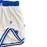 DPOY cream with royal blue detail basketball shorts shown flat lay lining details