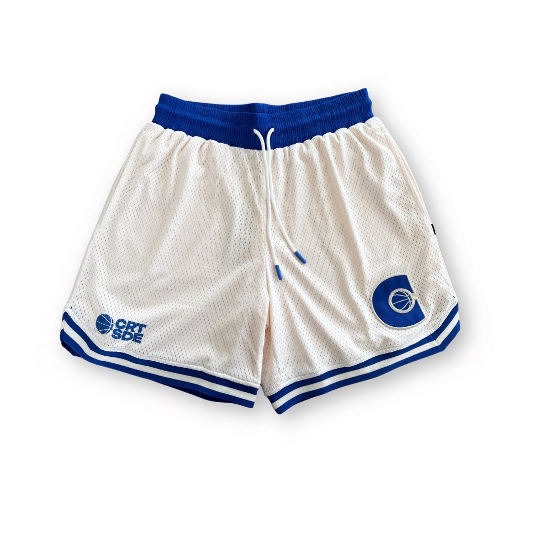 DPOY cream with royal blue detail basketball shorts shown flat lay front details