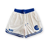 DPOY cream with royal blue detail basketball shorts shown flat lay front details