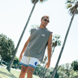 Courtside DPOY cream with royal blue detail basketball shorts shown on NBL Player Nelson Kahler 