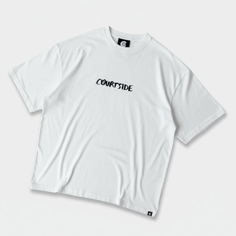 White t-shirt with 'COURTSIDE' text on a light grey background