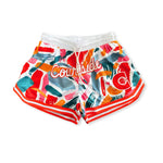 MVPW Courtside Orange and white basketball short in short women's cut flat lay front