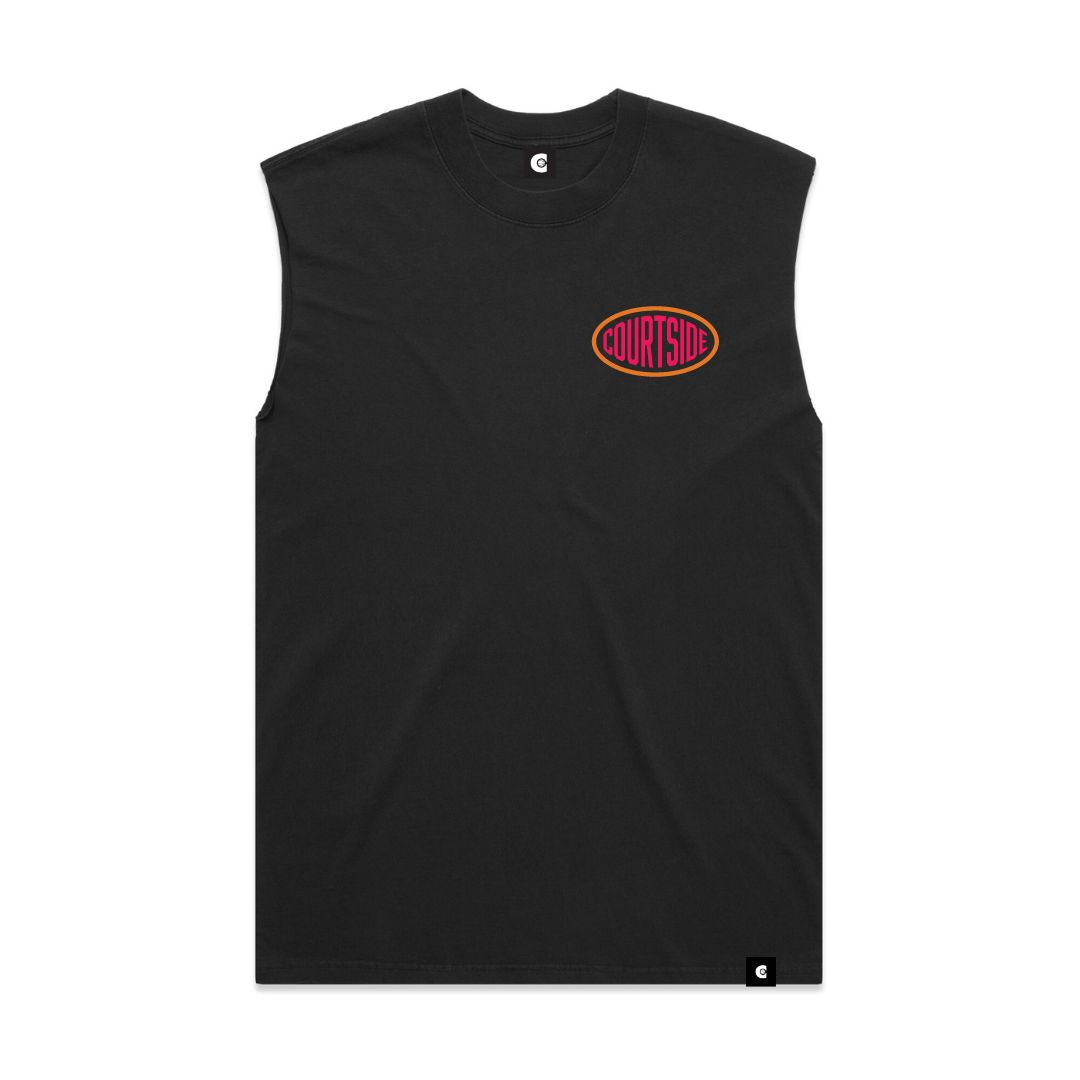Faded black ripped arm sleeveless tank top shown flat on white background